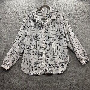 Vintage Maygene Women's Large Blouse Scribbled Note Design Roll Up Cuffs